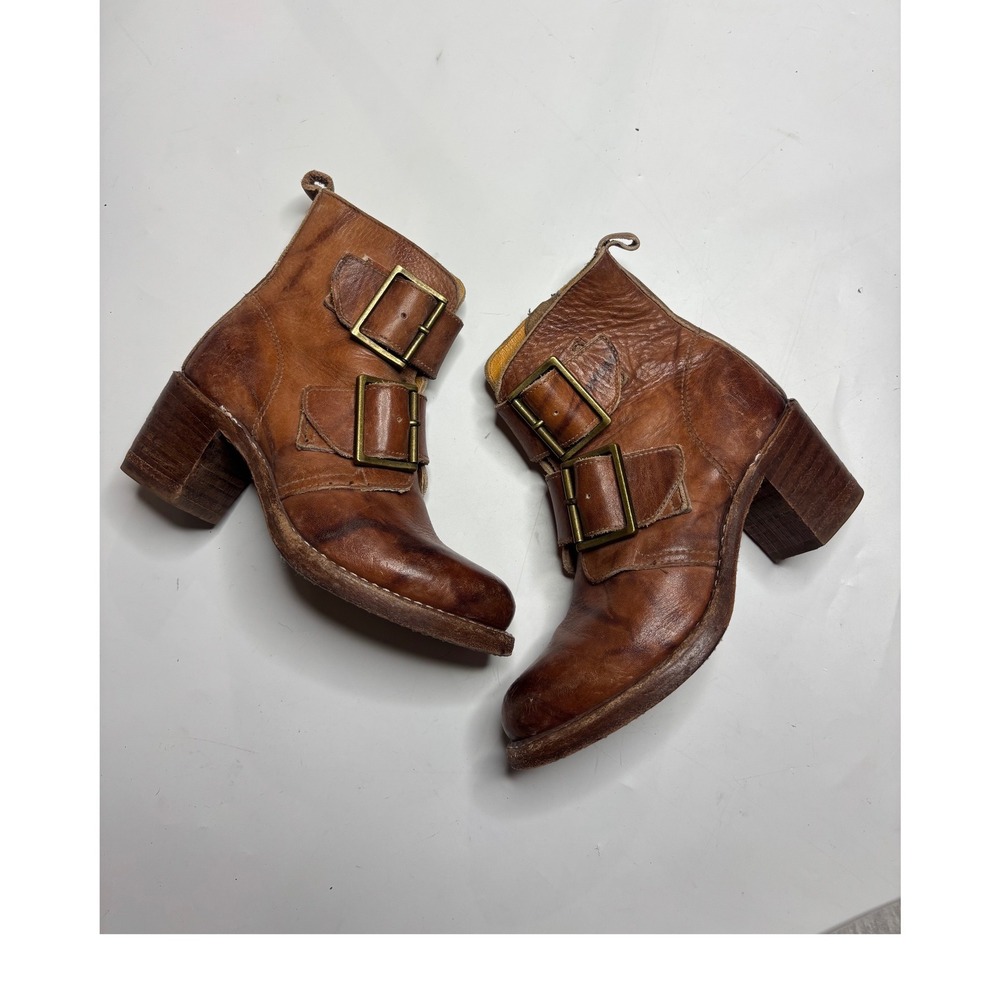 Frye Women Brown Leather Double Monk Strap Buckle Ankle Boots Block Heel Size 6M